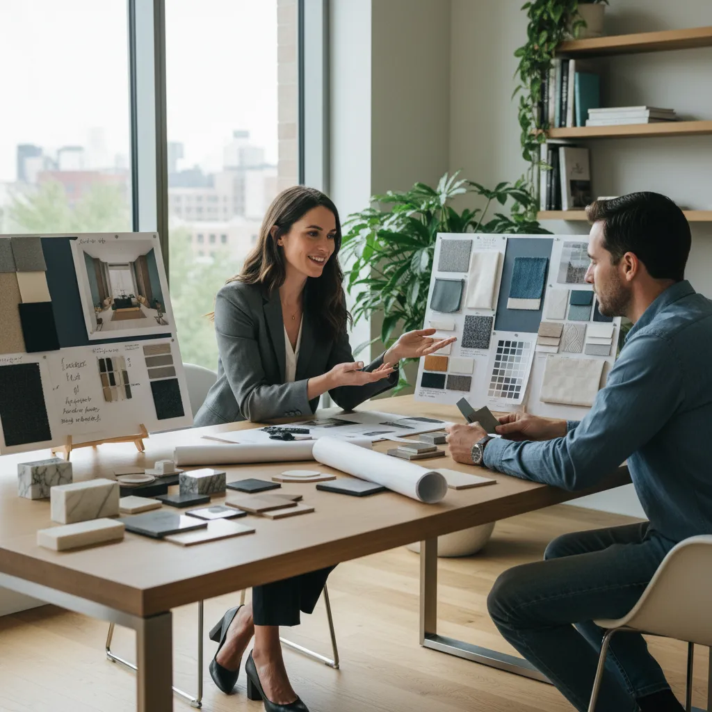 Interior designer showing fabric and material samples to a client on a wooden office desk