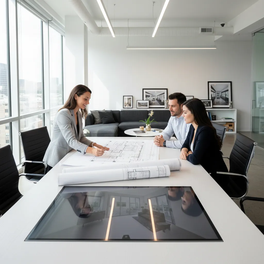 Female designer showing a paper floor plan to a couple sitting at a white table