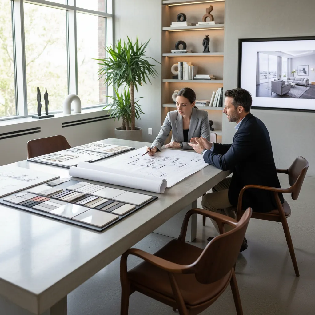Diseñador mostrando planos a un cliente durante reunión