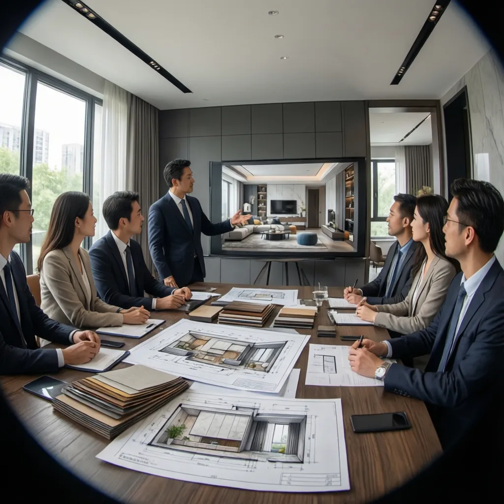 Diseñador explicando un proyecto de interiorismo a clientes