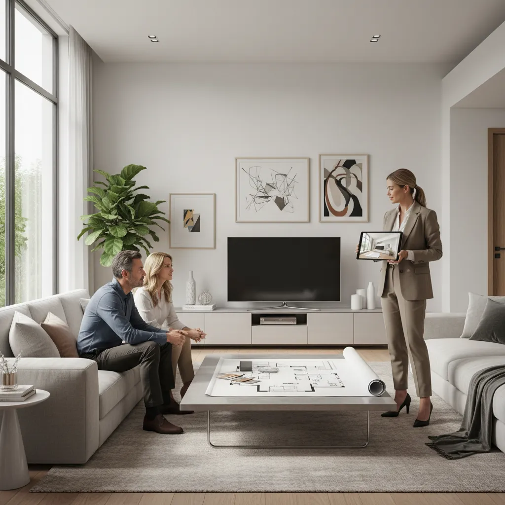 Interiorista presentando un proyecto de vivienda a un cliente