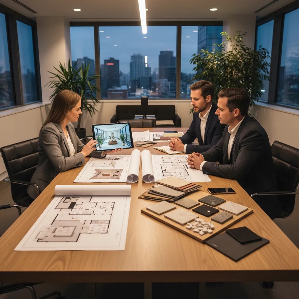Diseñador de interiores presentando un proyecto a clientes en una reunión