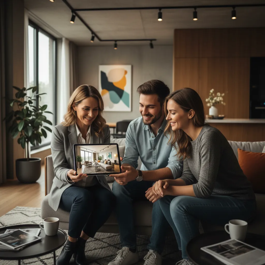 Interior designer showing a room design on a tablet to a smiling couple on sofa
