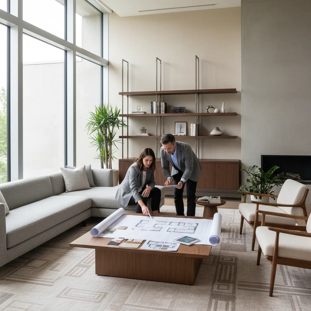 Diseñador de interiores reunido con clientes revisando planos del proyecto