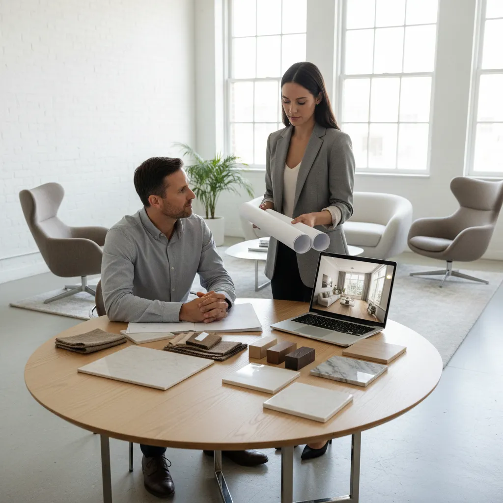 Interiorista mostrando planos de diseño a un cliente