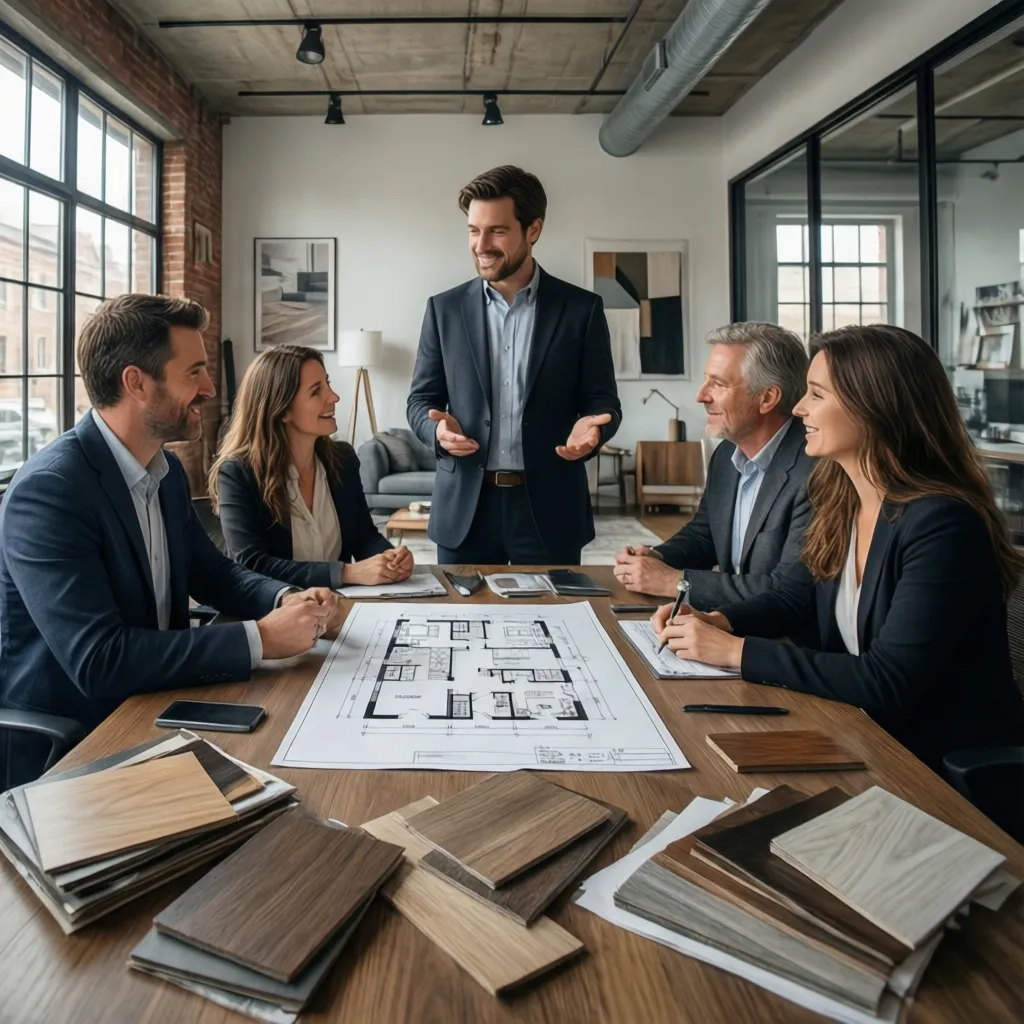 Interiorista explicando presupuesto de diseño a clientes