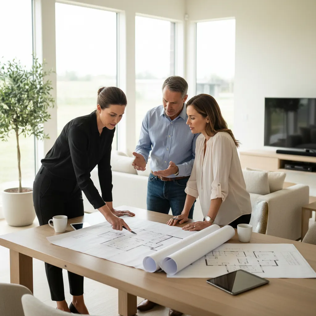 Three people looking at interior design drawing floor plans on wooden table in bright office