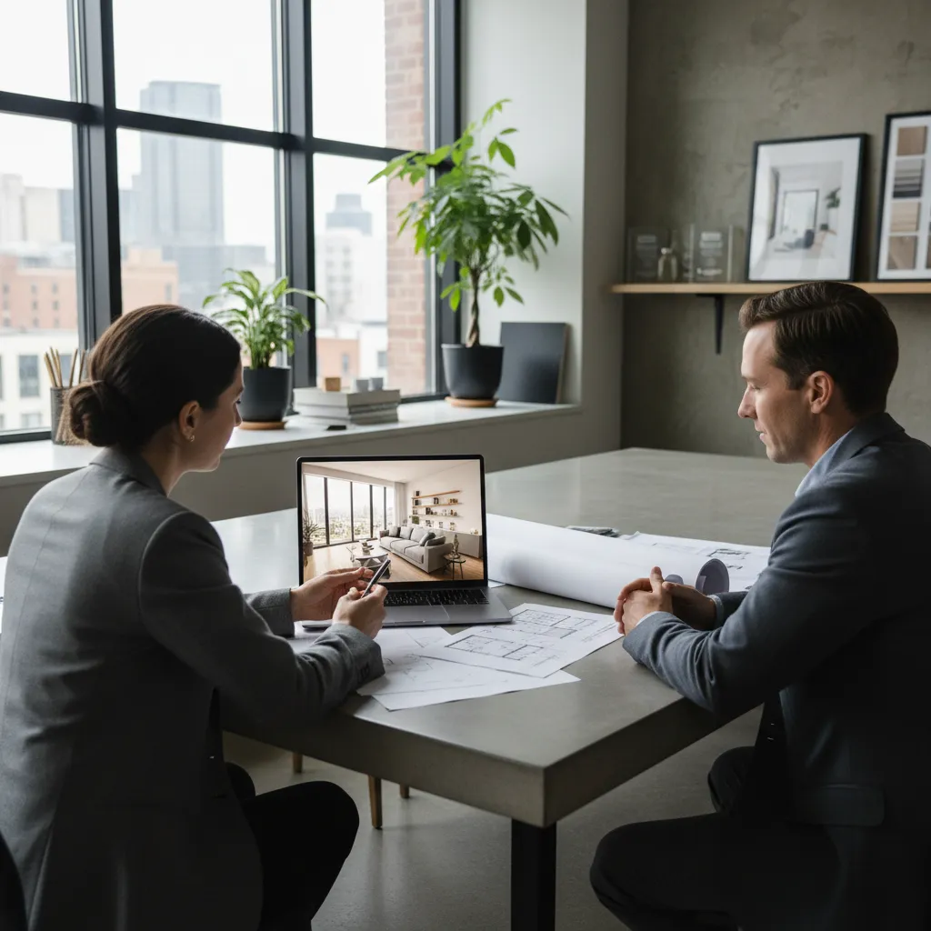 Two people discussing a room layout on laptop and paper floor plans in an office