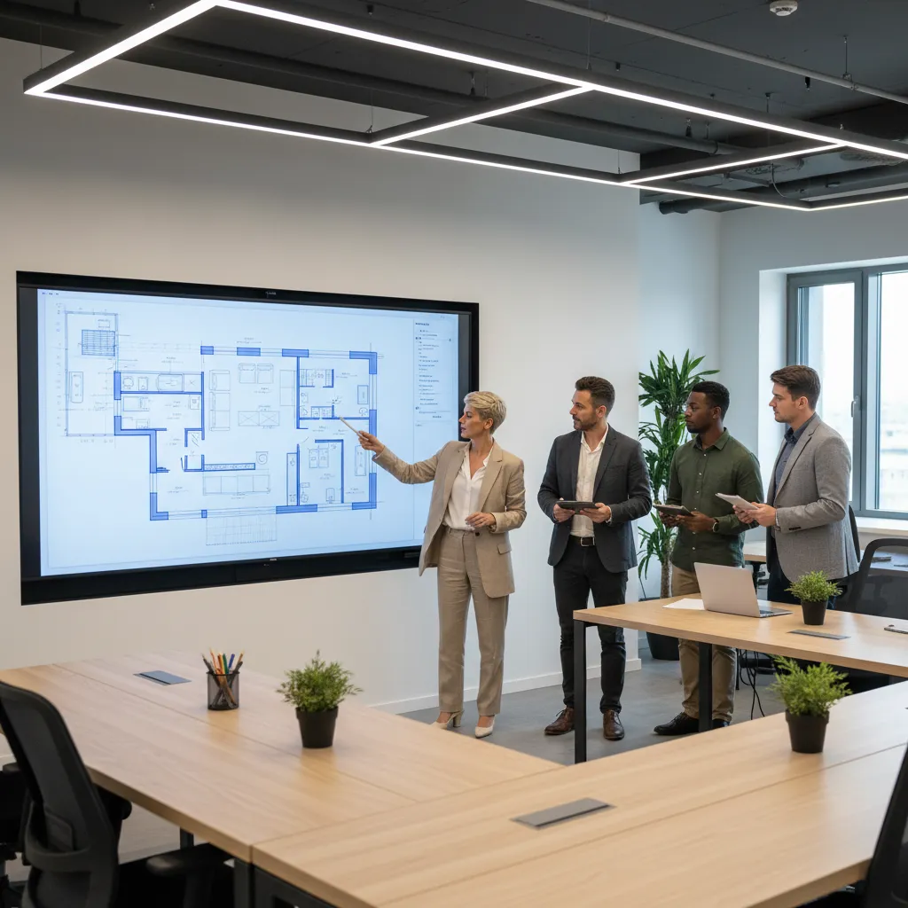 Professional design team discussing a blue floor plan displayed on a large screen in office