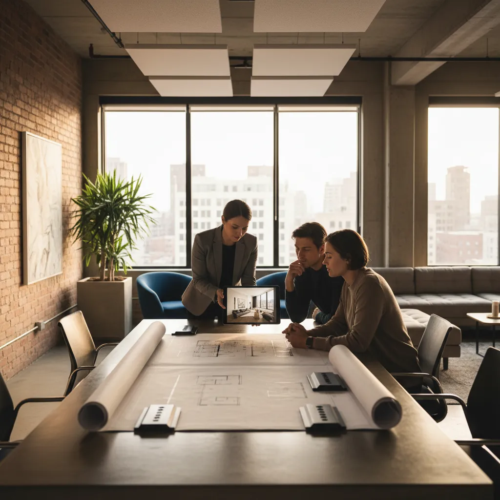 Interiorista presentando propuesta de diseño a clientes en mesa de trabajo
