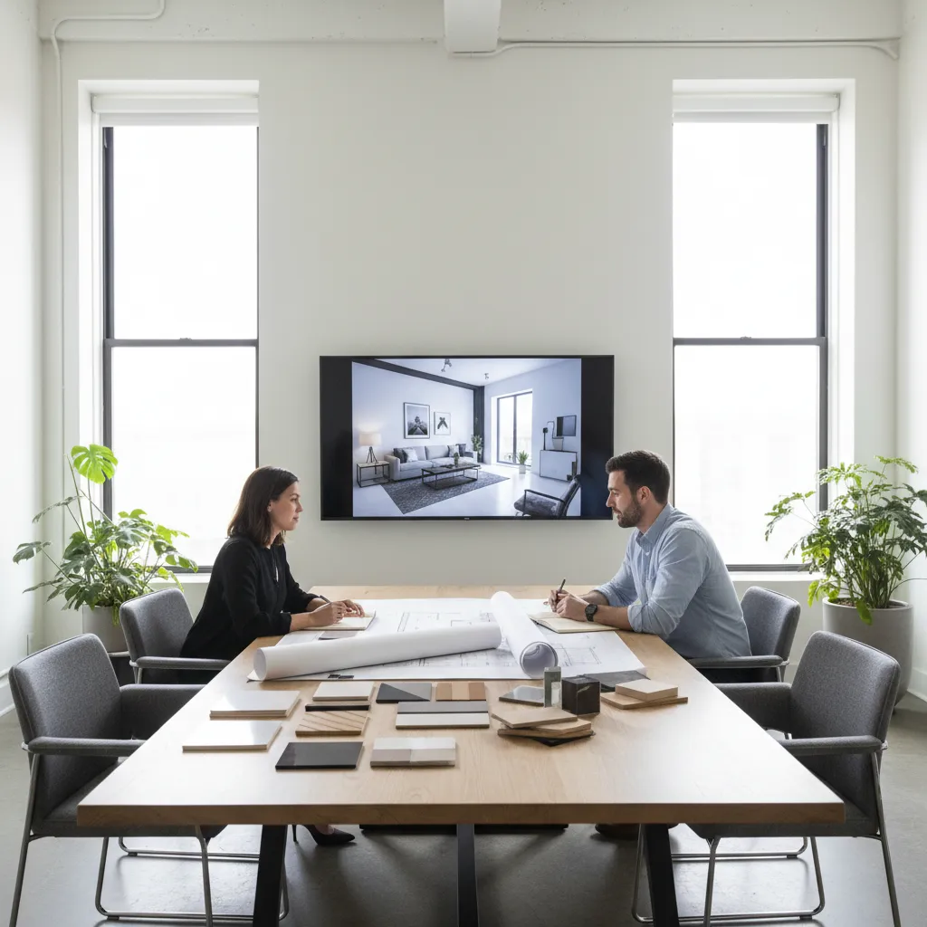 Equipo de diseñadores discutiendo un proyecto de interiorismo en estudio