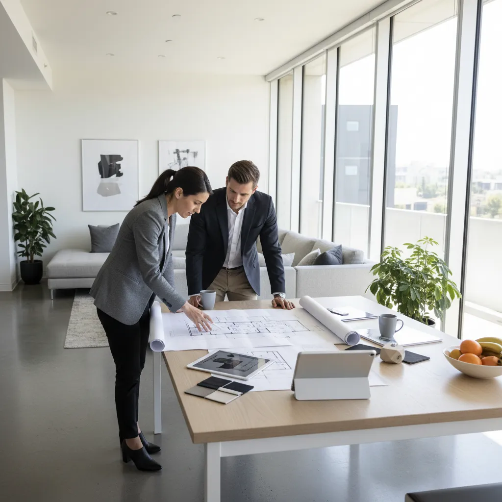 Diseñador de interiores mostrando planos a un cliente