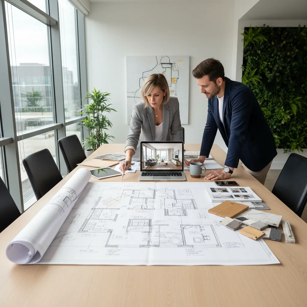 Interior designers reviewing a floor plan on a table with a laptop and material samples