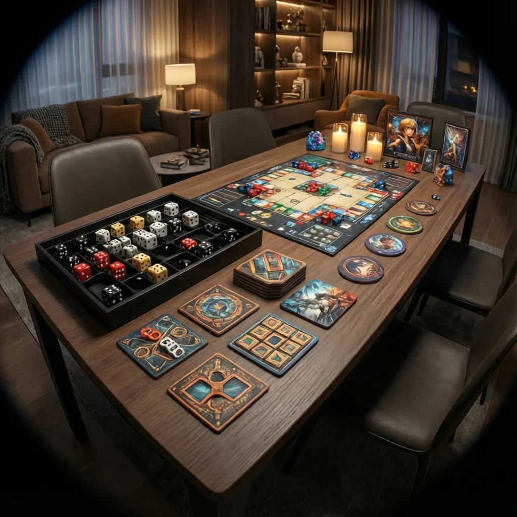 reusable decorations for board game night such as dice trays and LED candles