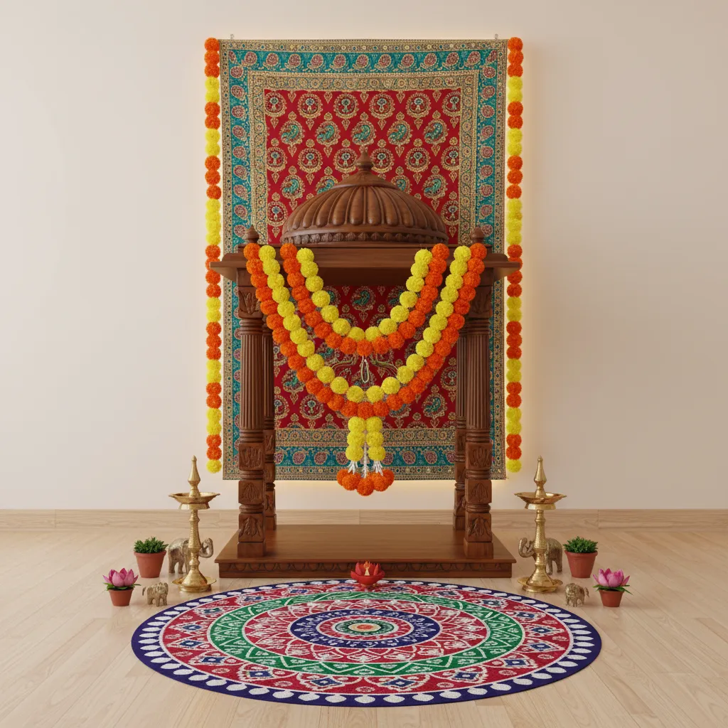 Reusable festival decoration items like artificial garlands and brass lamps