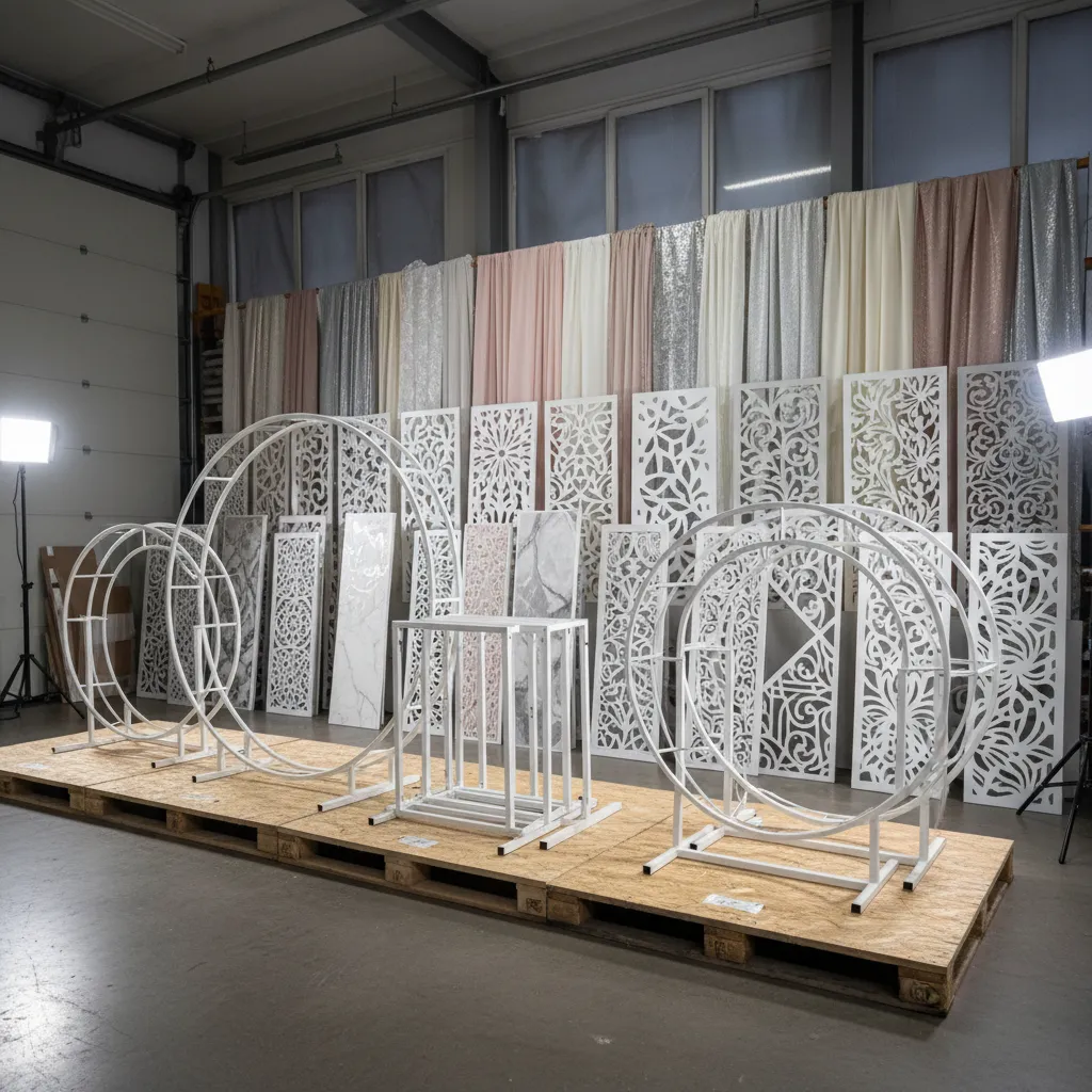 Modular wedding decor elements including arches, panels, and drapes prepared for reuse