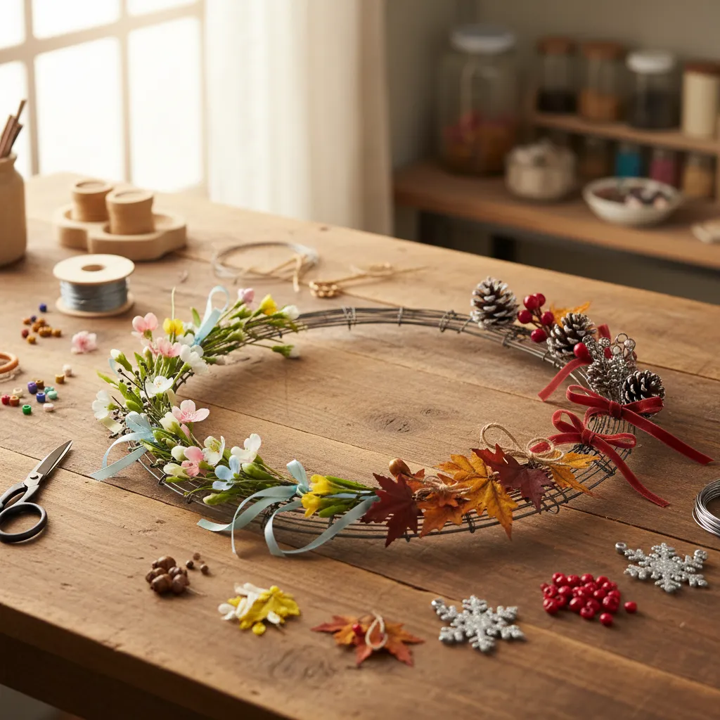 Reusable wreath frame with interchangeable seasonal decorations