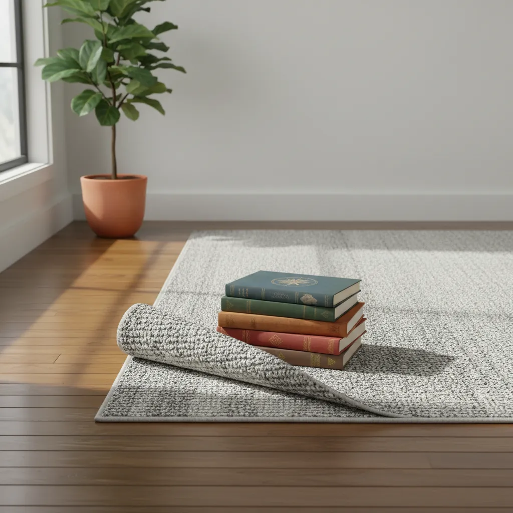 rug corner flipped backward with books placed on top to flatten