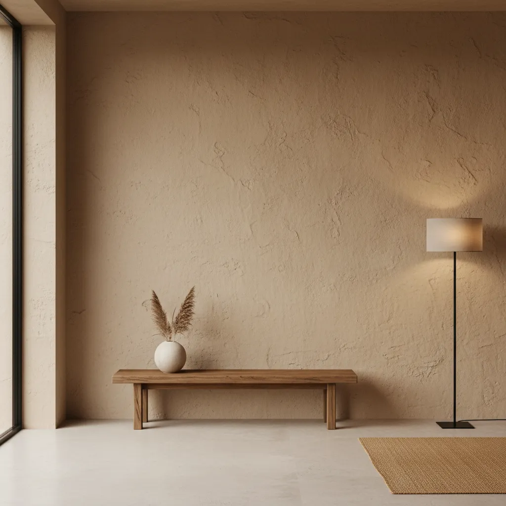 Pared interior con revestimiento de arcilla natural en un espacio minimalista