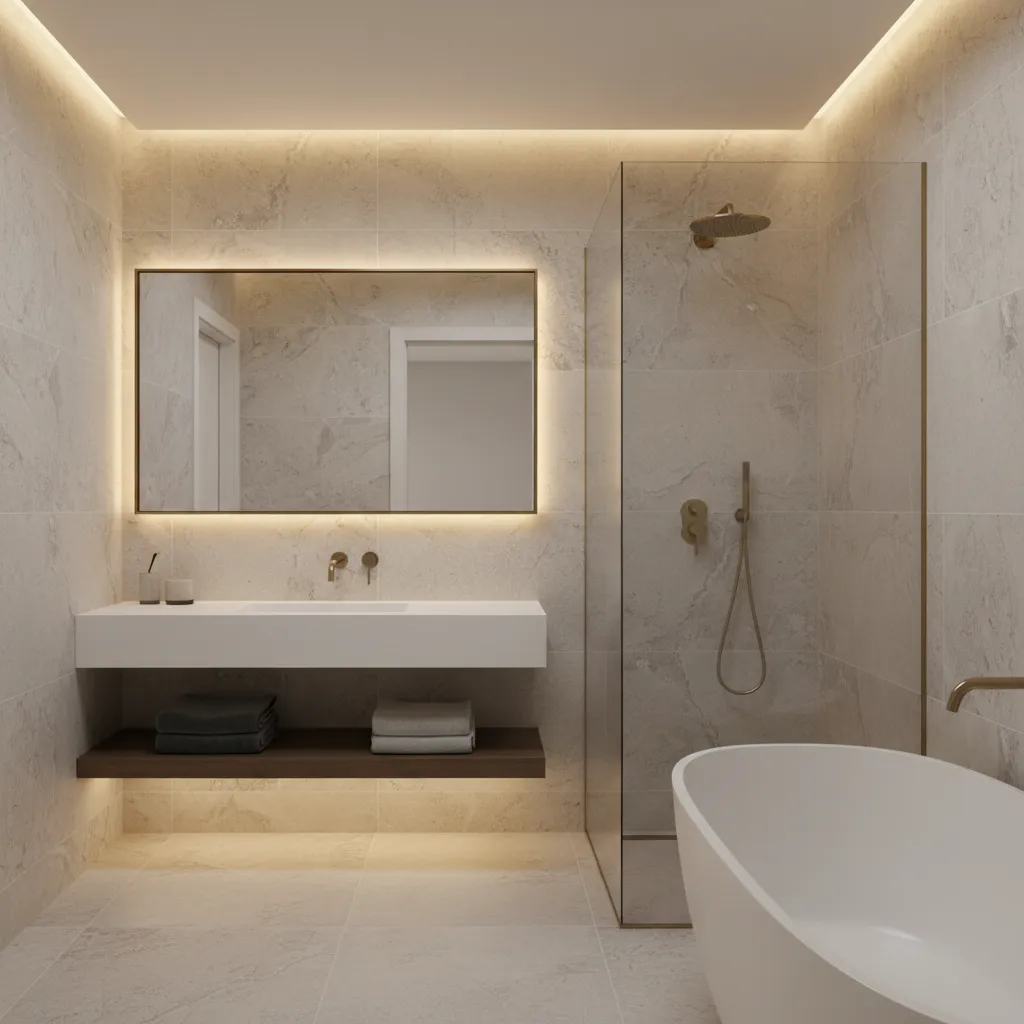 baño moderno con revestimiento porcelánico en paredes