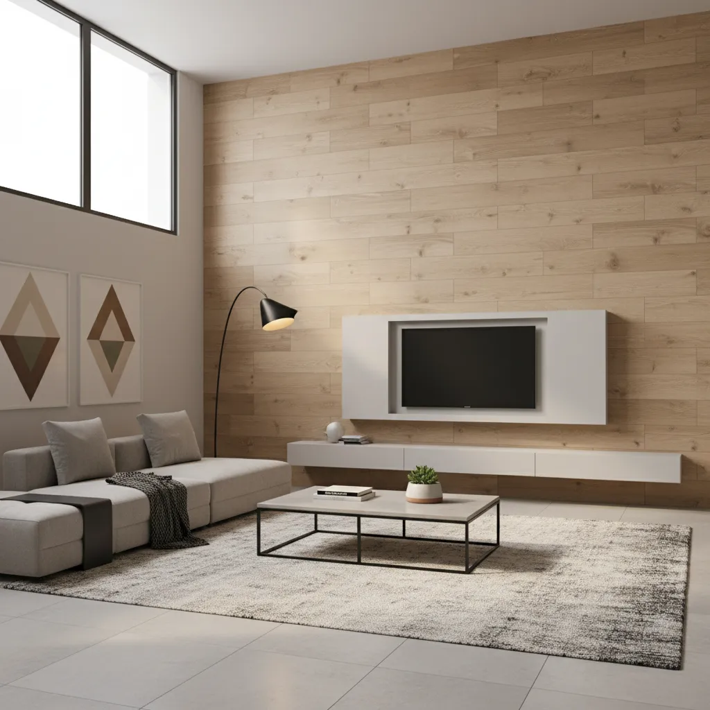 Modern living room with a wood wall panel grey sofa floor lamp and white cabinet