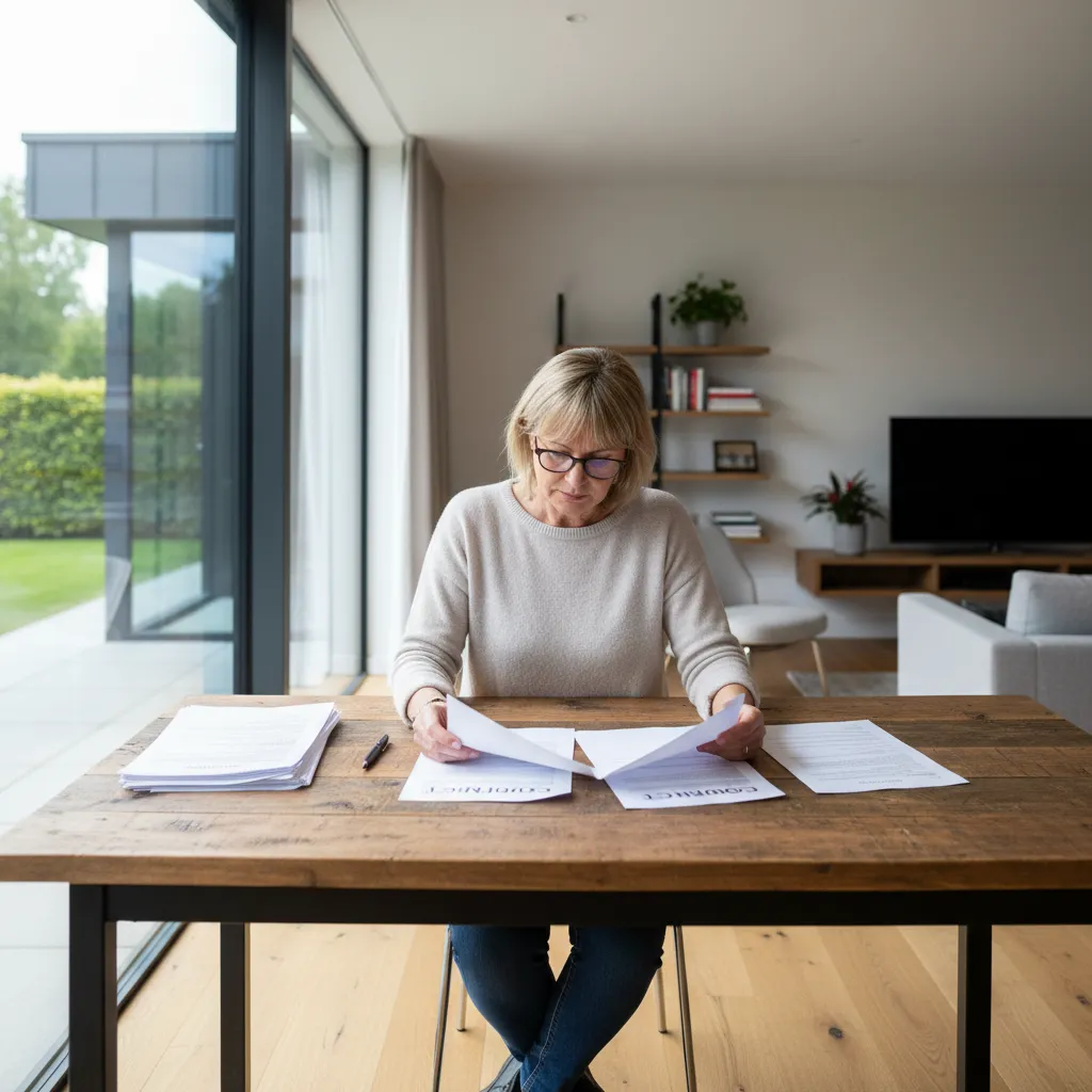 Homeowner reading roofing contract paperwork on desk