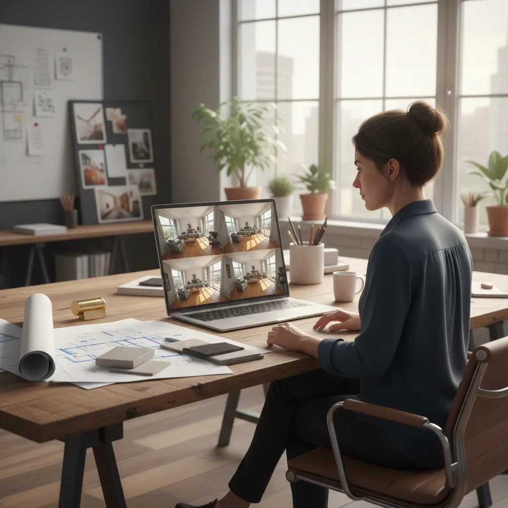 designer reviewing 360 virtual tour data on laptop screen