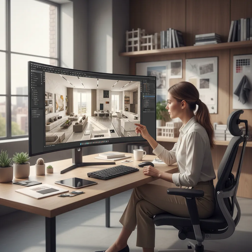 designer reviewing AI generated 3D floor plan model on computer screen