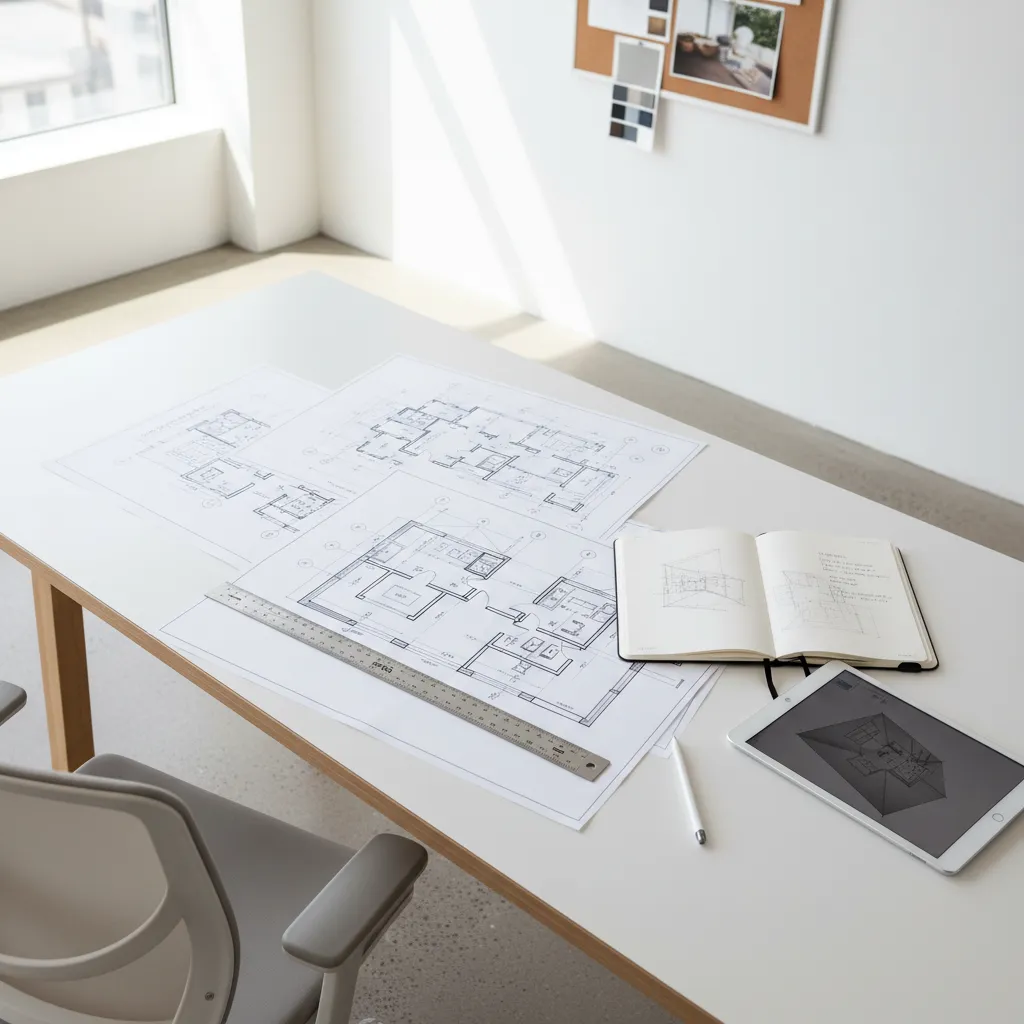 architect reviewing printed residential building floor plans on desk