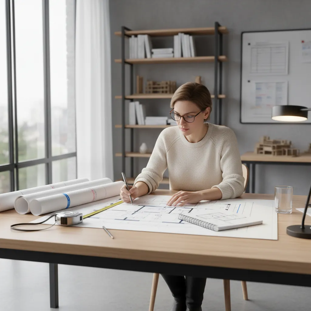architect examining printed house floor plans and measuring notes