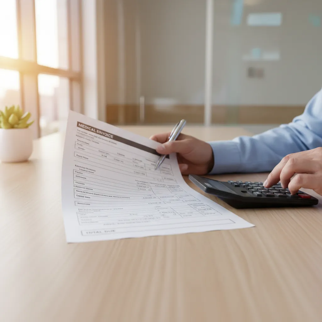 Person reviewing hospital invoice and checking room charges on a medical bill