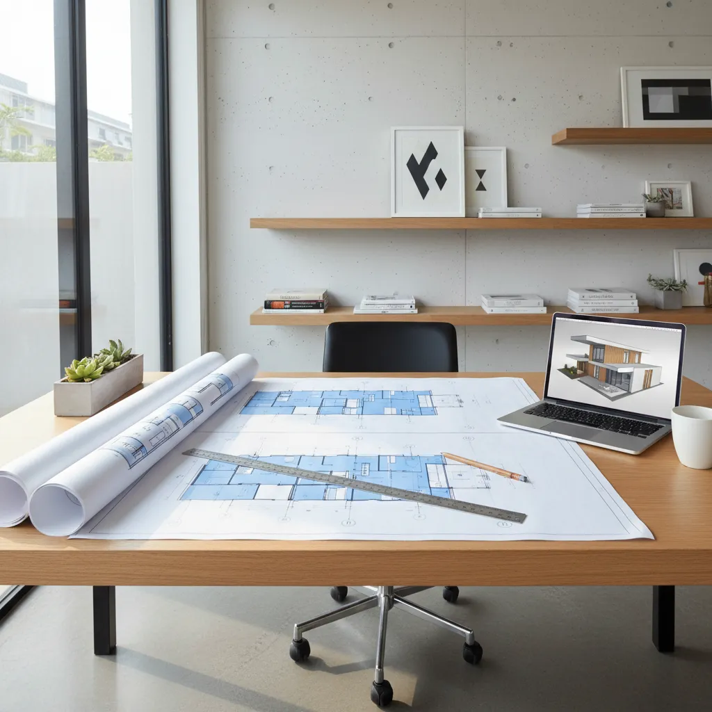 Architect reviewing printed house floor plan drawings on desk