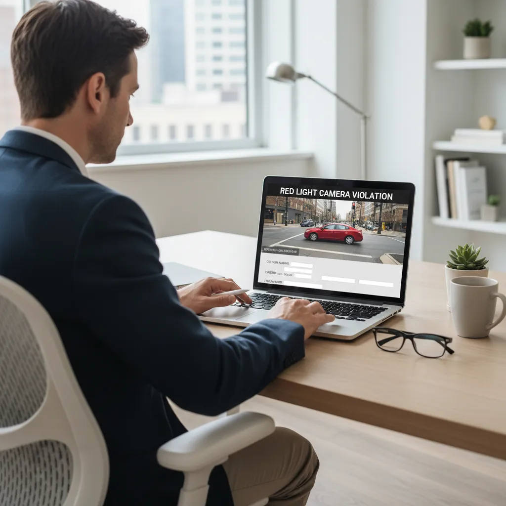 Driver checking red light camera citation details on computer screen
