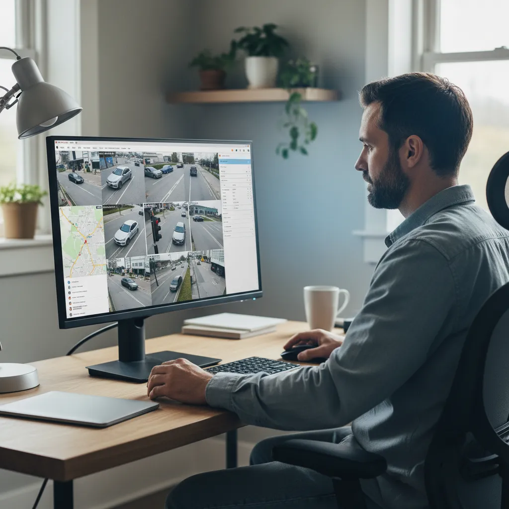 Driver reviewing traffic camera photo evidence on computer screen