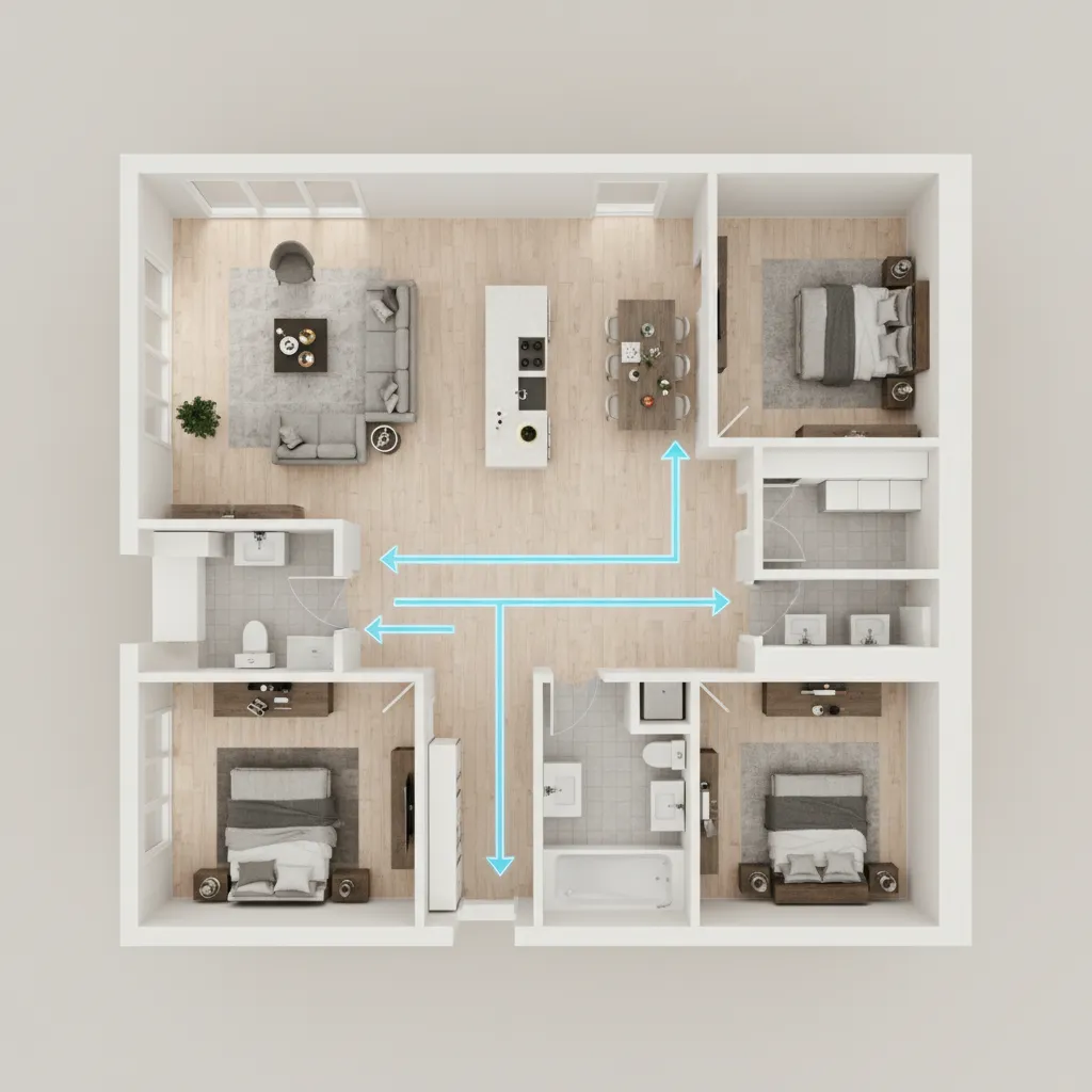 Top view of a three bedroom house floor plan with blue arrows showing the room layout