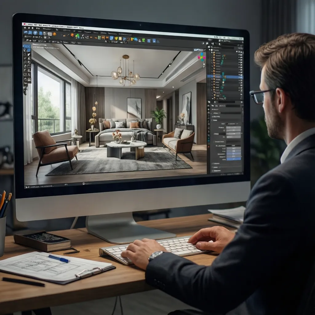Diseñador revisando un modelo 3D de un apartamento en el ordenador