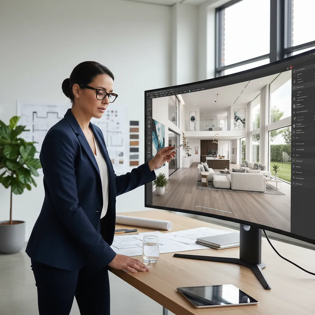 Diseñador revisando un modelo de casa en 3D en pantalla