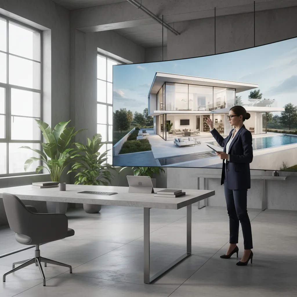 Diseñador revisando modelo 3D de casa en pantalla grande