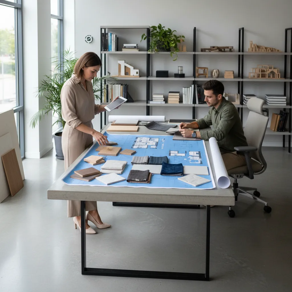 Diseñadora revisando materiales y planos de interiorismo