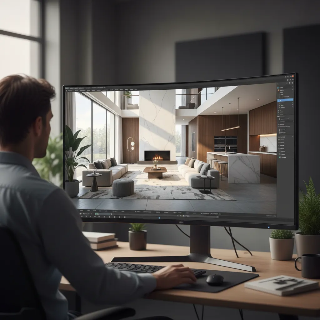 Revisión de diseño interior de una casa en vista 3D en ordenador