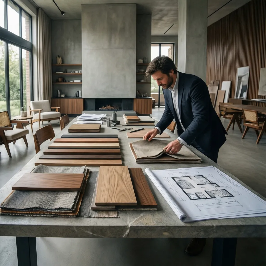 Interior designer selecting material samples and floor plan for a modern living room project desk