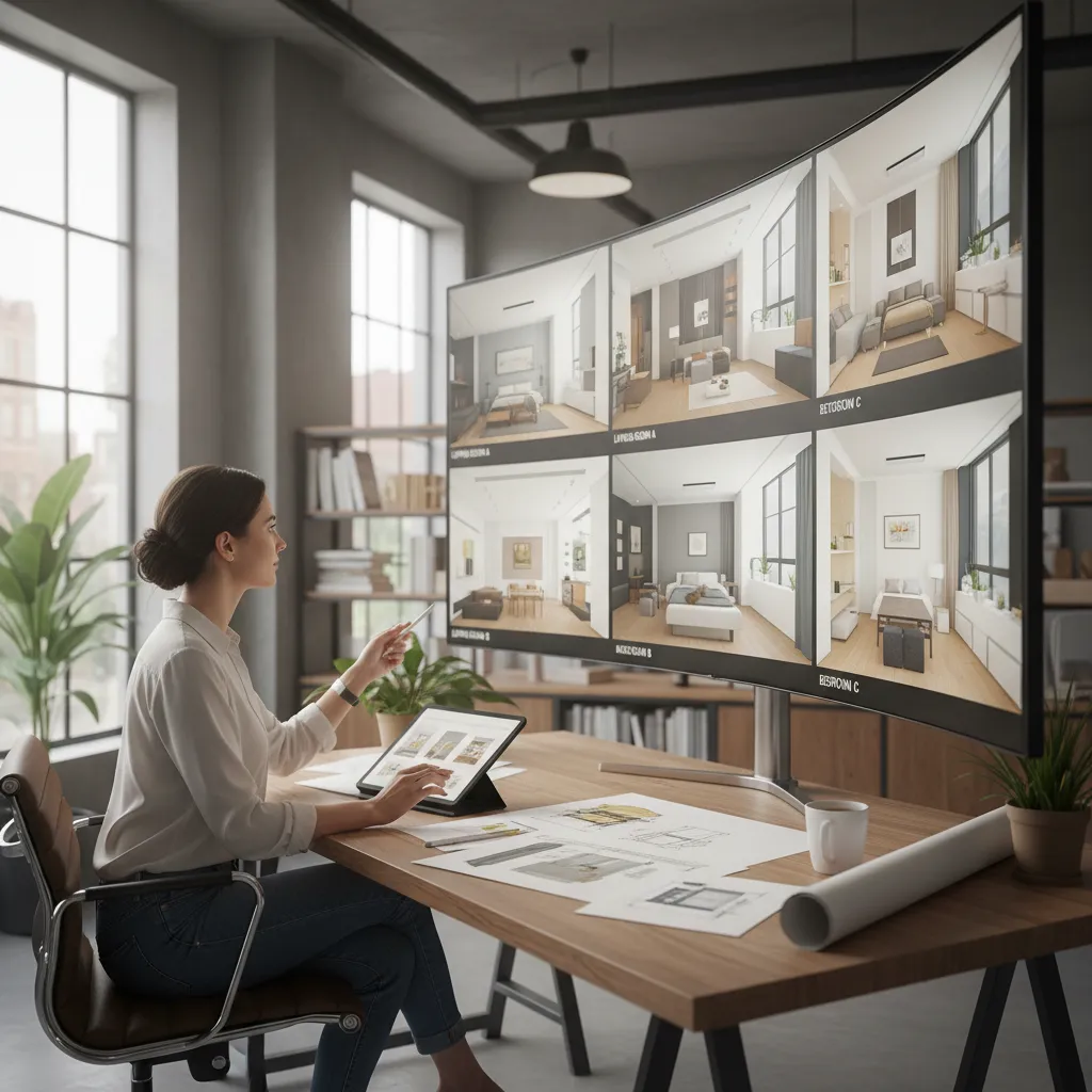 Diseñador revisando diferentes opciones de distribución en pantalla