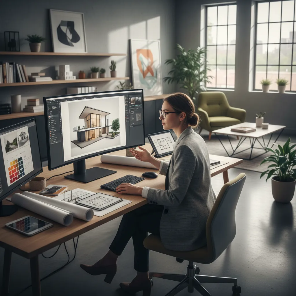 diseñador revisando plano de vivienda en ordenador con modelo 3D