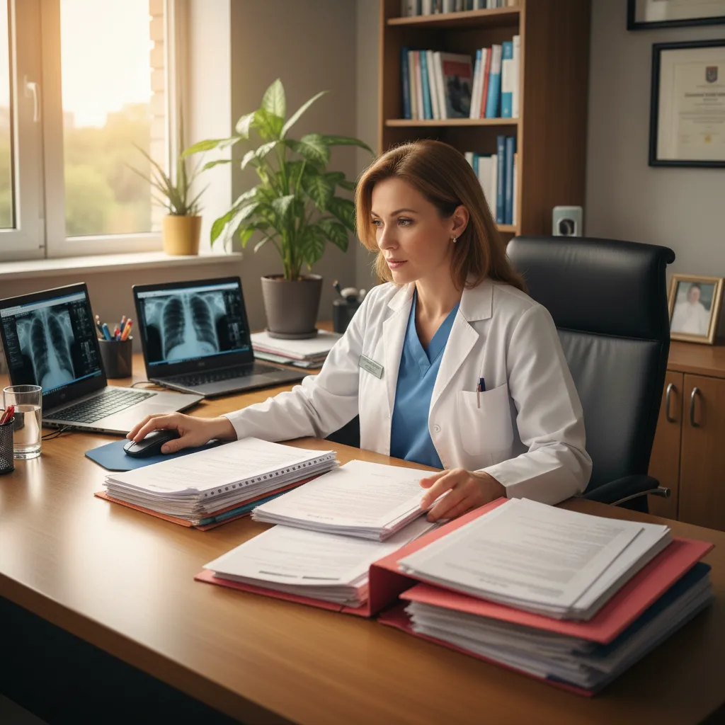Female doctor at a wooden desk with two laptops and green plants in sunlit office