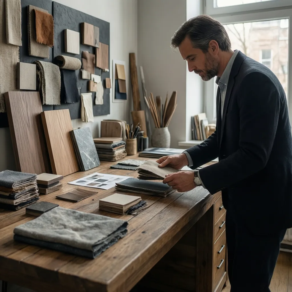 Diseñador revisando muestras de materiales para un proyecto interior