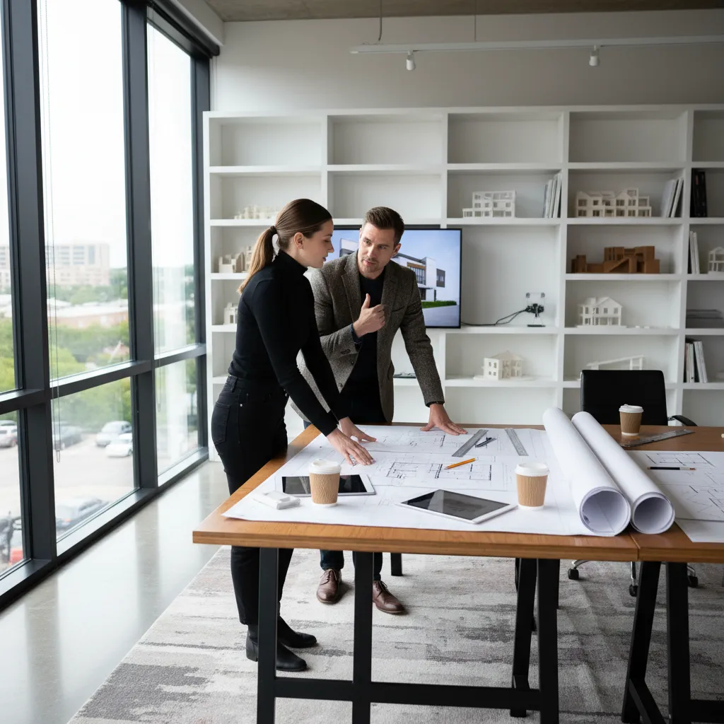 Arquitecto revisando plano de casa con cliente en mesa de trabajo