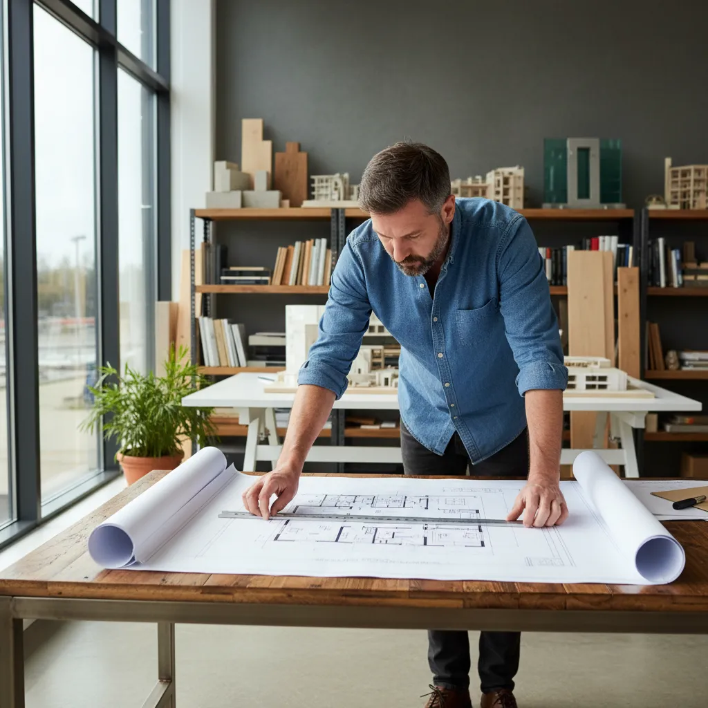 Arquitecto revisando plano de vivienda con medidas y distribución