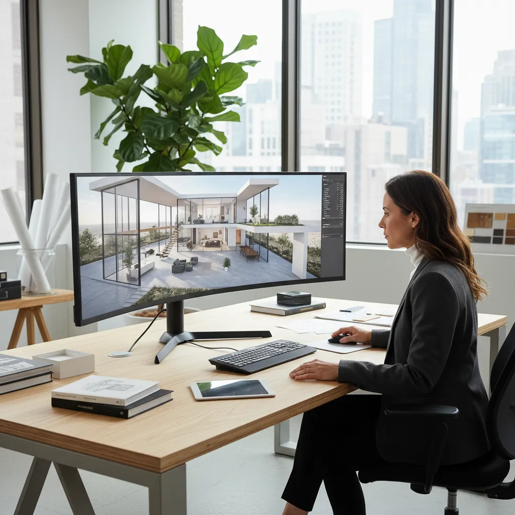 Woman at desk using wide monitor displaying modern 3D interior design drawing with city view