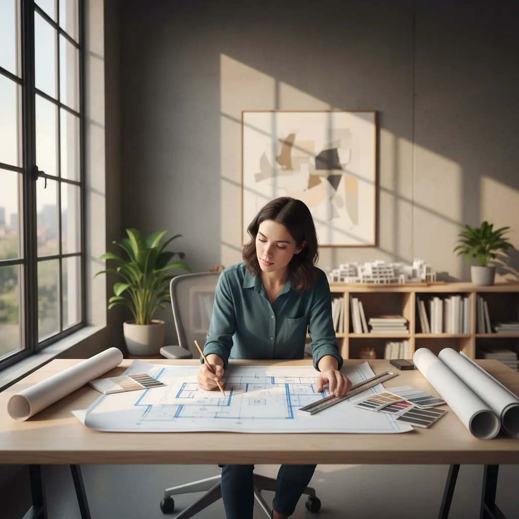 Woman designer drawing on blue paper house floor plan at a desk with color samples