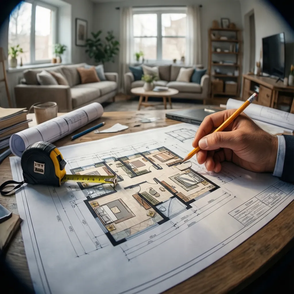 Diseñador analizando un plano de vivienda en mesa de trabajo